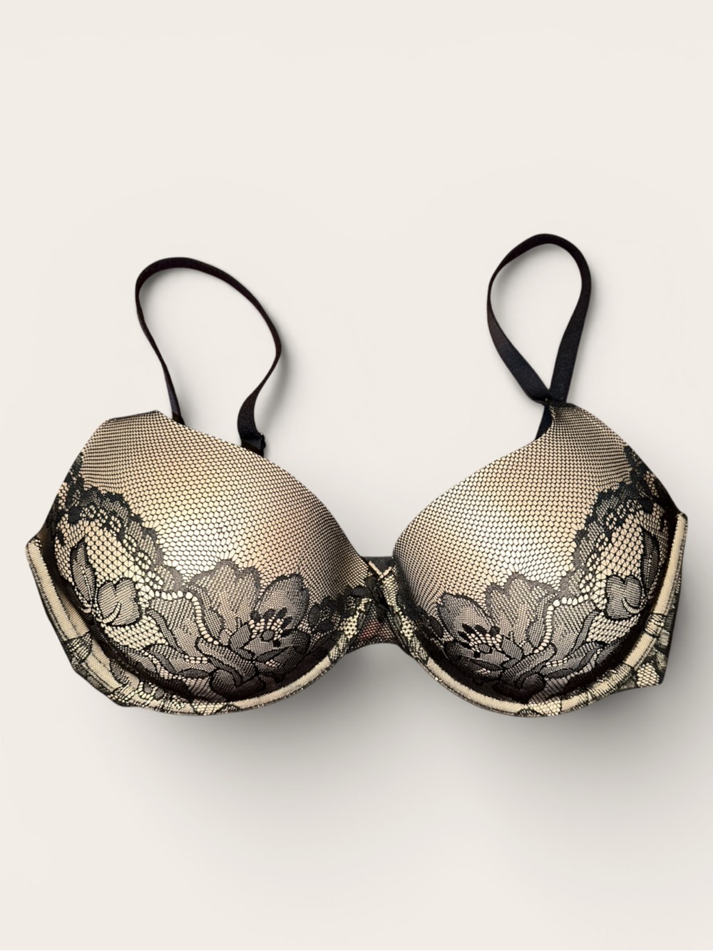 Gilligan & O'Malley Beige Bra with Black Lace Overlay Underwire Full Support 36D